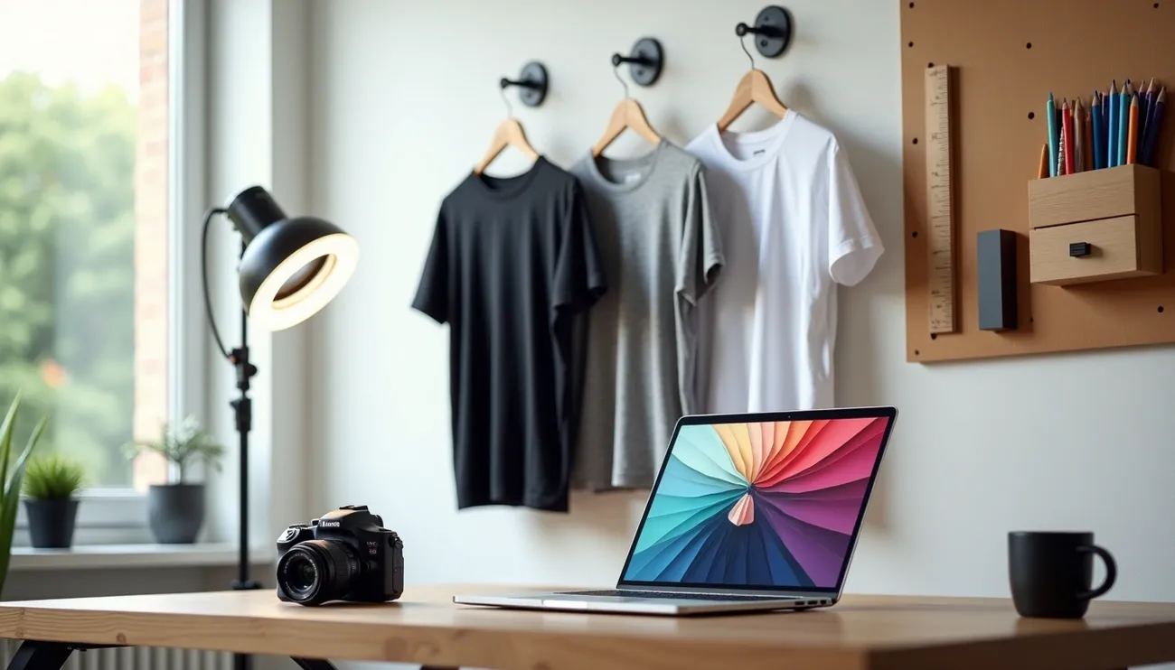 Workspace with a laptop, camera, and three blank t-shirts hanging, illustrating t-shirt design for beginners to make money.
